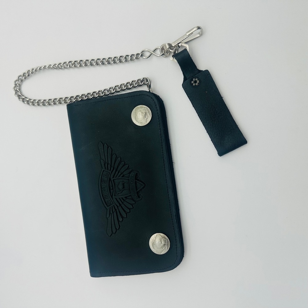 Camel Vintage Black Leather Biker Trucker Wallet Chain Buffalo Nickels